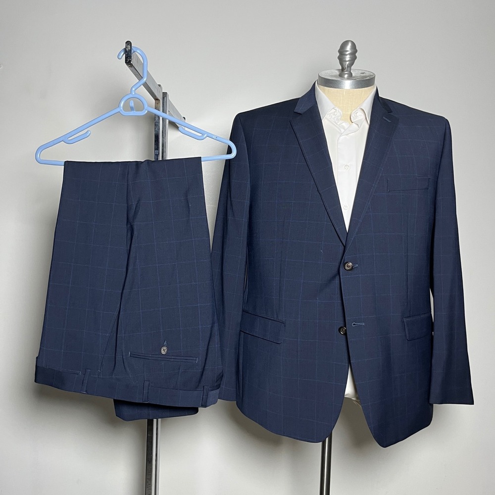 Crown & Ivy Suit Mens 50R 39x29 Navy Blue Windowpane Wool Blend Two-Button